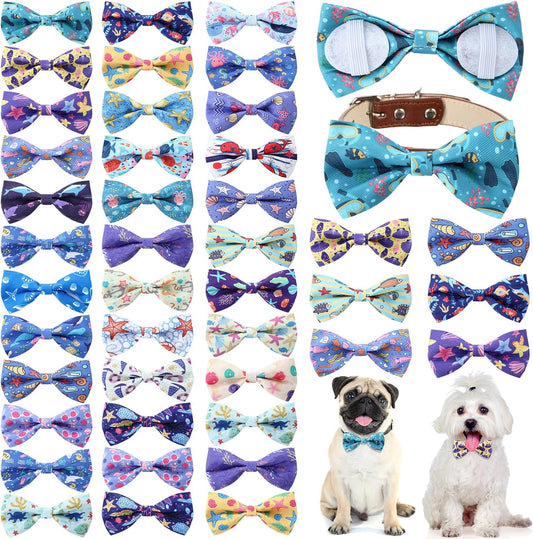 Reginary 50 Pieces Dog Bow Ties Pet Collar Bow Puppy Collar Attachment with Rubber Bands for Small Medium Cat Pet Grooming Charms Accessories Wedding Birthday Occasion(Sea Style)