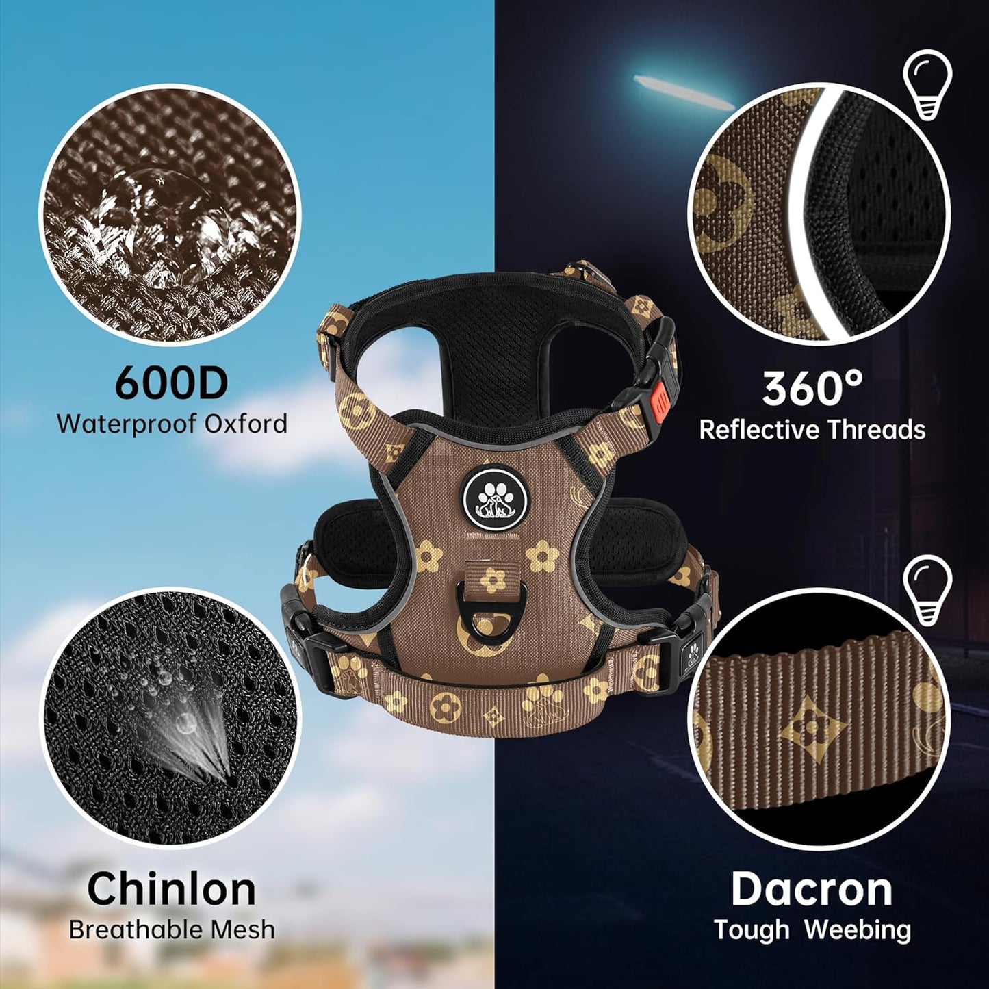 NESTROAD No Pull Dog Harness,Adjustable Oxford Dog Vest Harness with Leash,Reflective No-Choke Pet Harness with Easy Control Soft Handle for Large Dogs(Large,Dark Brown)