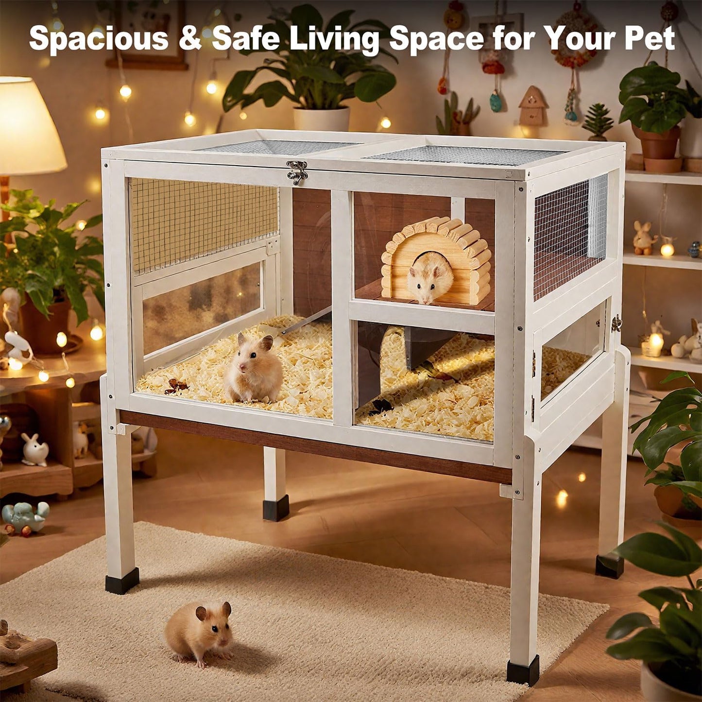 2-Story Guinea Pig Cage with Stand, Indoor Wooden Hamster Cage with Ramp, Pull-Out Tray, Hideout & Platform, Acrylic Transparent Small Animal Habitat for Chinchillas, Ferrets, Hedgehogs, Walnut