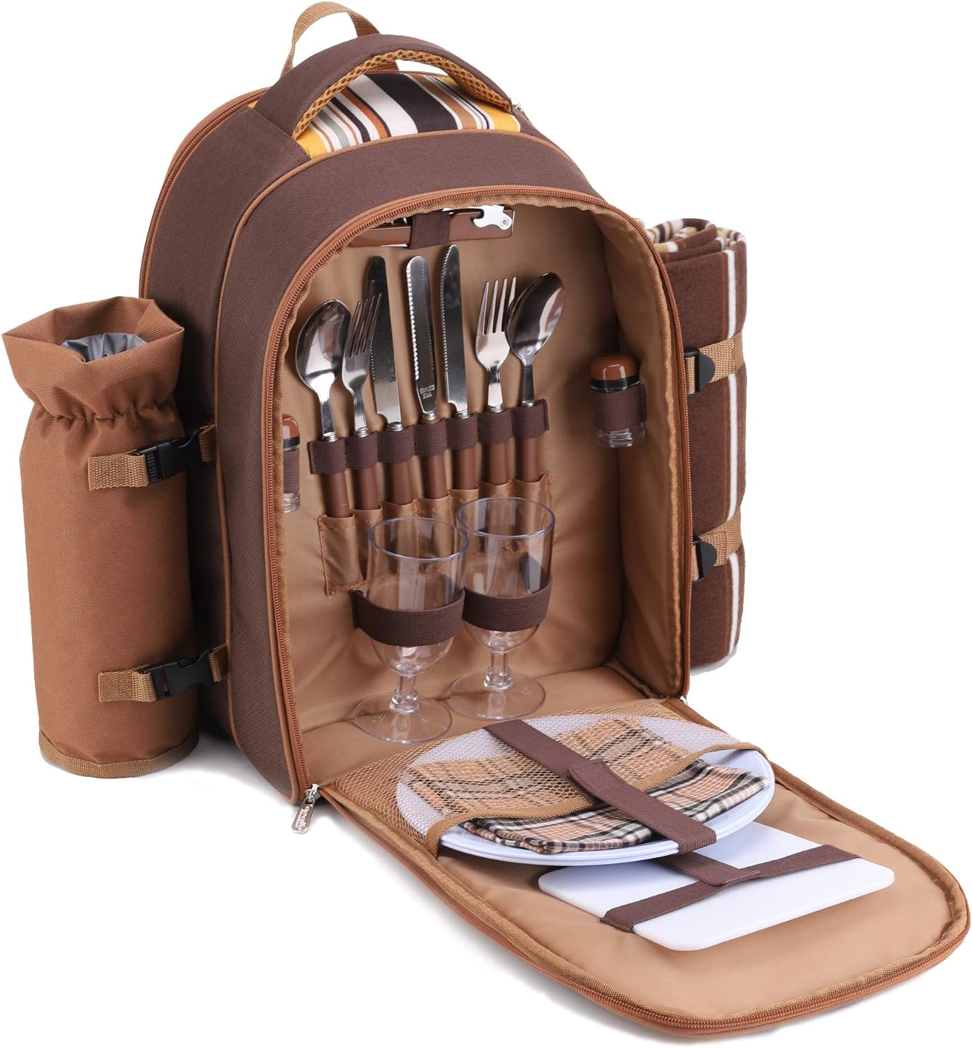 apollo walker Picnic Backpack Bag for 2 Person with Cooler Compartment, Detachable Bottle/Wine Holder, Fleece Blanket, Plates and Cutlery(2 Person, Brown)