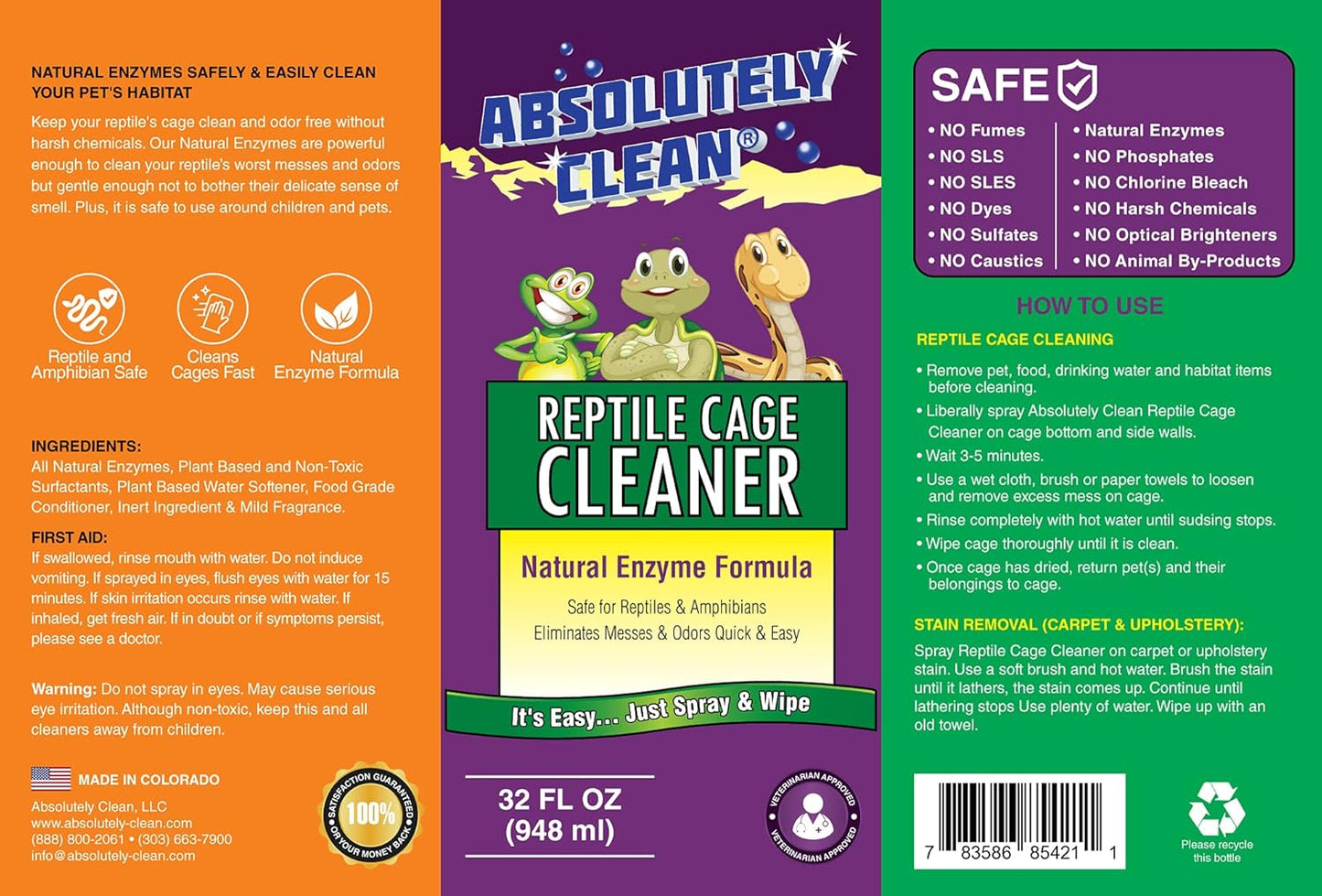 Absolutely Clean Amazing Reptile & Amphibian Terrarium Cleaner and Deodorizer - Just Spray/Wipe - Safely & Easily Removes Reptile & Amphibian Messes - USA Made (32oz Spray Bottle - Save 25%)