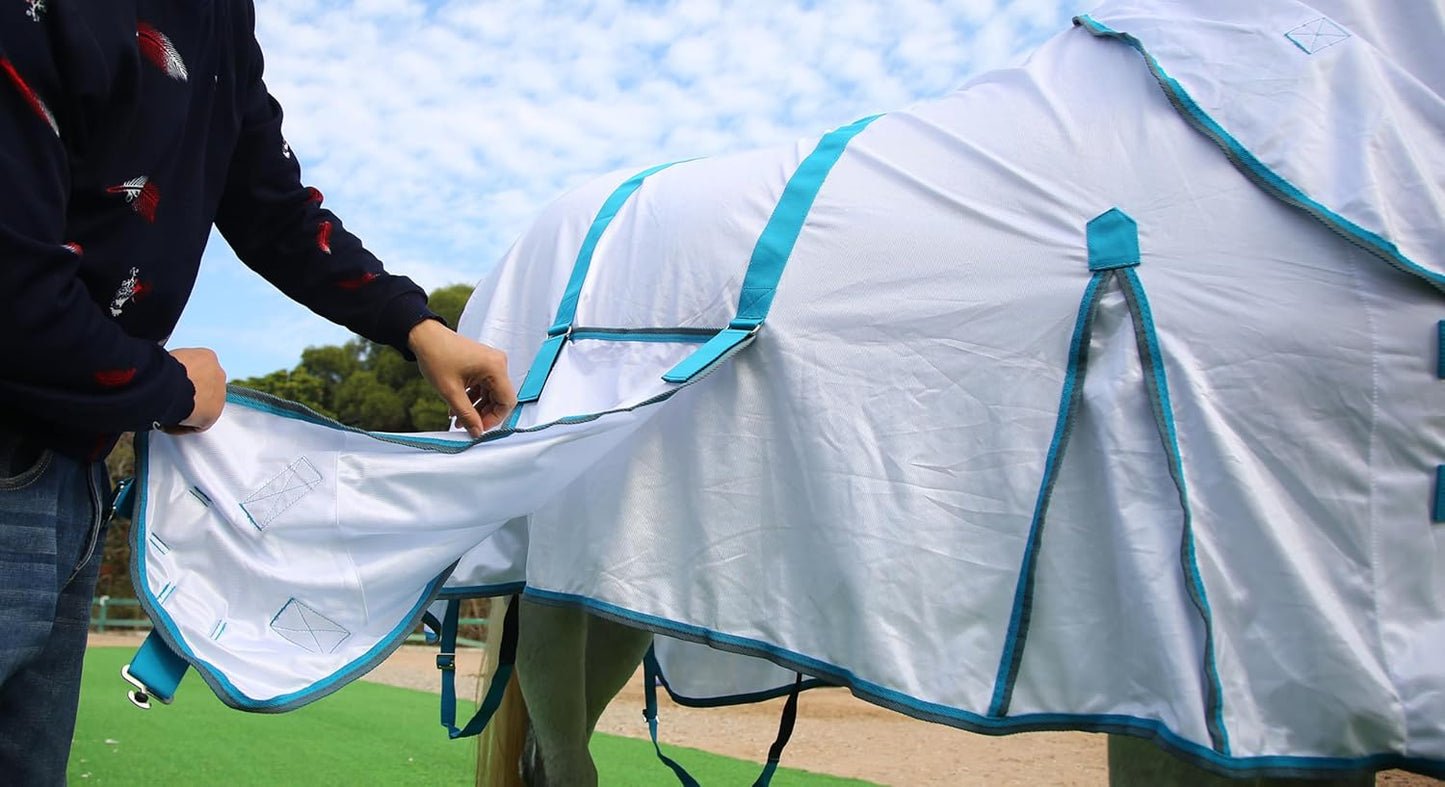 Horse Fly Sheet with Detachable Neck Cover & Belly Wrap, Adjustable Fly Sheet for Horses, Ventilated Airflow Mesh Equine Cooling Summer Flysheet White 72