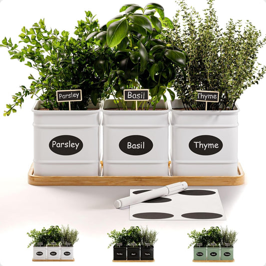 Herb Planter Indoor - 3 Iron Herb Pots with Drainage Holes, Varnished Bamboo Tray, Customizable Labels & Marker Pen - Indoor Herb Garden Planter - 3 Pots for Herbs - Inside Spice Garden - Basil Pot