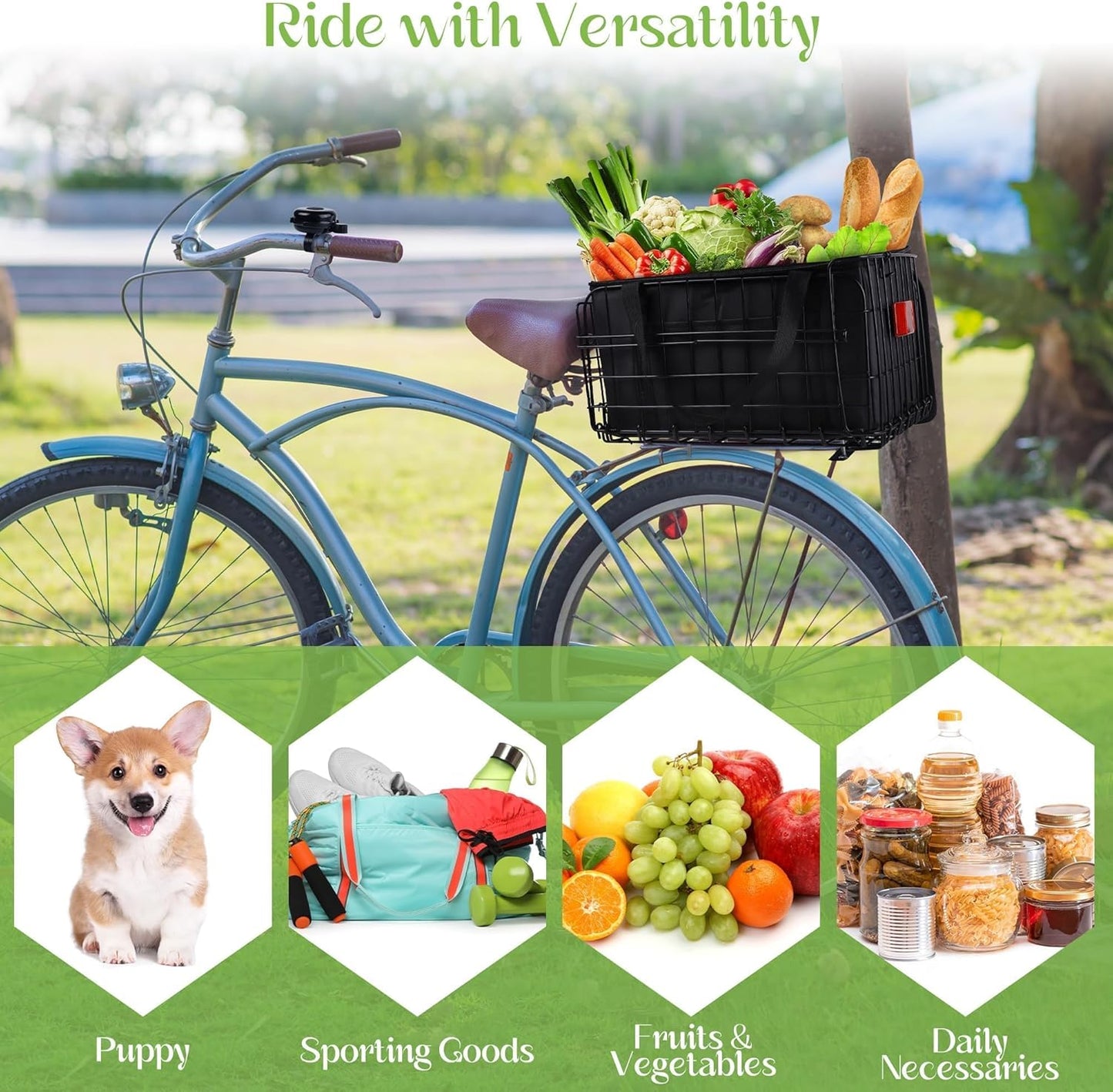 Aodaer Bike Basket with Removable Liner Bag Cargo Net Large Folding Bike Basket Quick Release Metal Ebike Basket Bicycle Storage Basket for Carrying Fruit & Grocery Pets Dogs