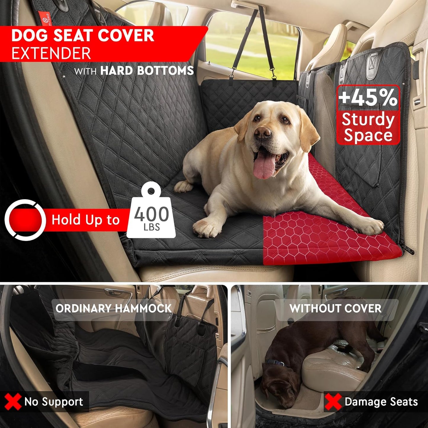 Helteko Back Seat Extender for Dogs - Premium Car Seat Cover with Hard Bottom Holds 400 lbs, Waterproof Hammock for Pet (Black L, for Cars/Mid-Size SUV/Small Truck)