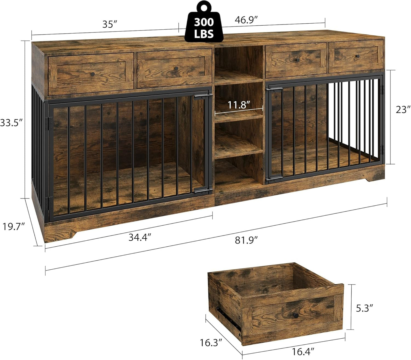 GarveeHome 82” Double Dog Crate Furniture, Large Dog Kennel Indoor for 2 Dogs, Heavy Duty Wooden Dog Crate TV Stand with 4 Drawers and Shelves, Brown