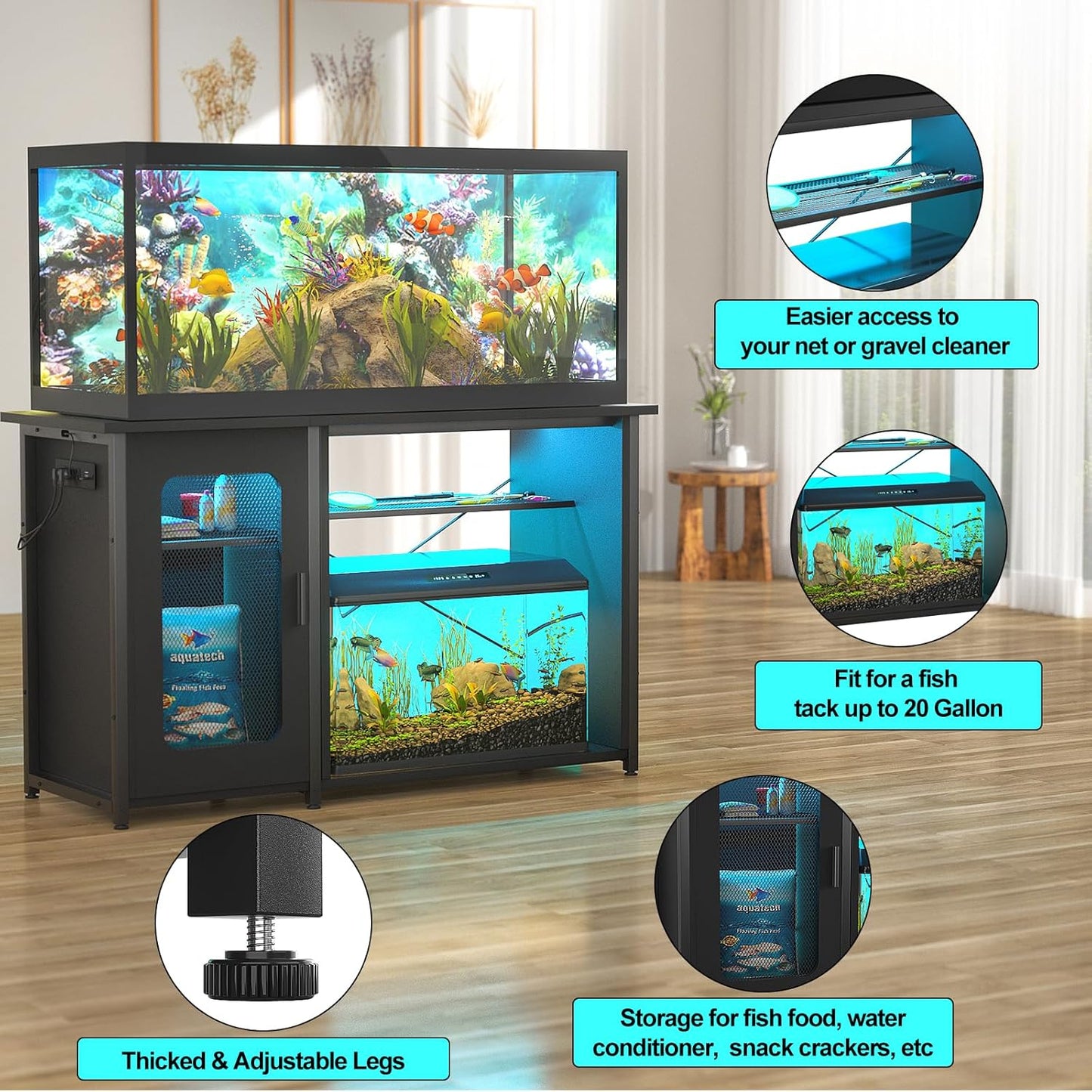 55-75 Gallon Fish Tank Stand with Power Outlets & LED Light, Reversible Heavy Duty Metal Aquarium Stand with Cabinet for Fish Tank Accessories Storage, Turtle/Reptile Terrariums, Black