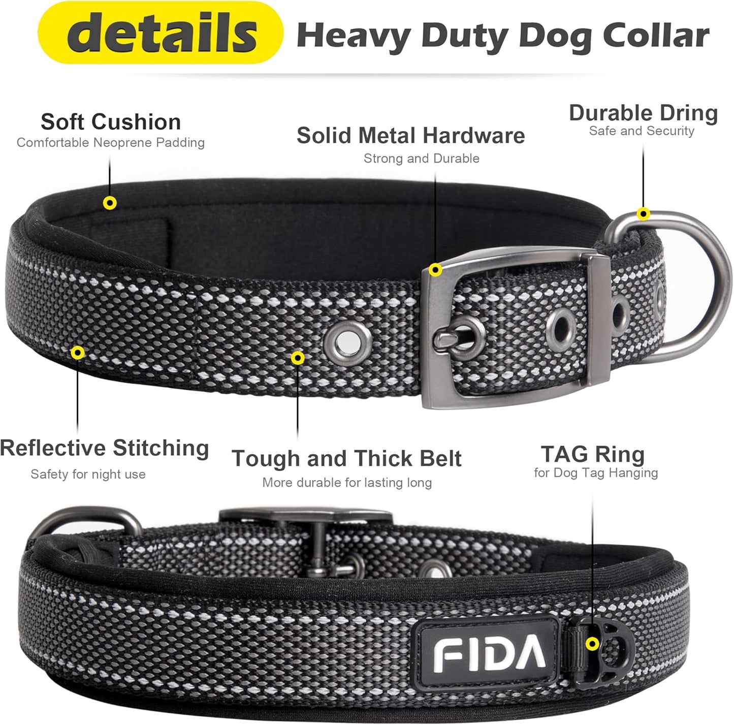 Fida Heavy Duty Dog Collar, Ultra Comfortable Soft Neoprene Padded, Adjustable Reflective Nylon Pet Collar with Durable Metal Belt Buckle for Large Breeds (L, Black)