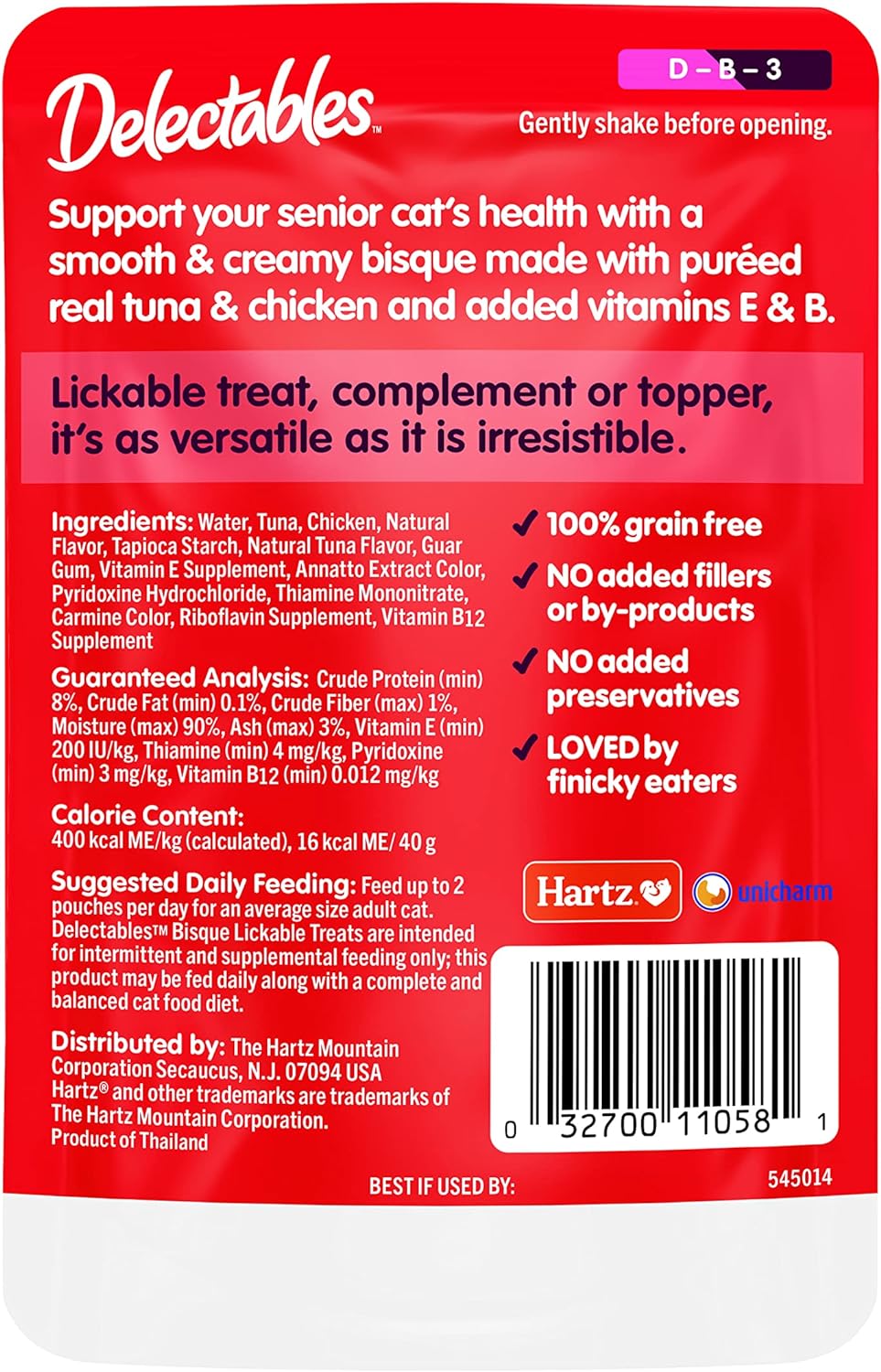 Hartz Delectables Bisque Lickable Wet Cat Treats with Tuna & chicken, Senior Cats 10+ years, 1.4 Ounce (Pack of 12) - Packaging May Vary