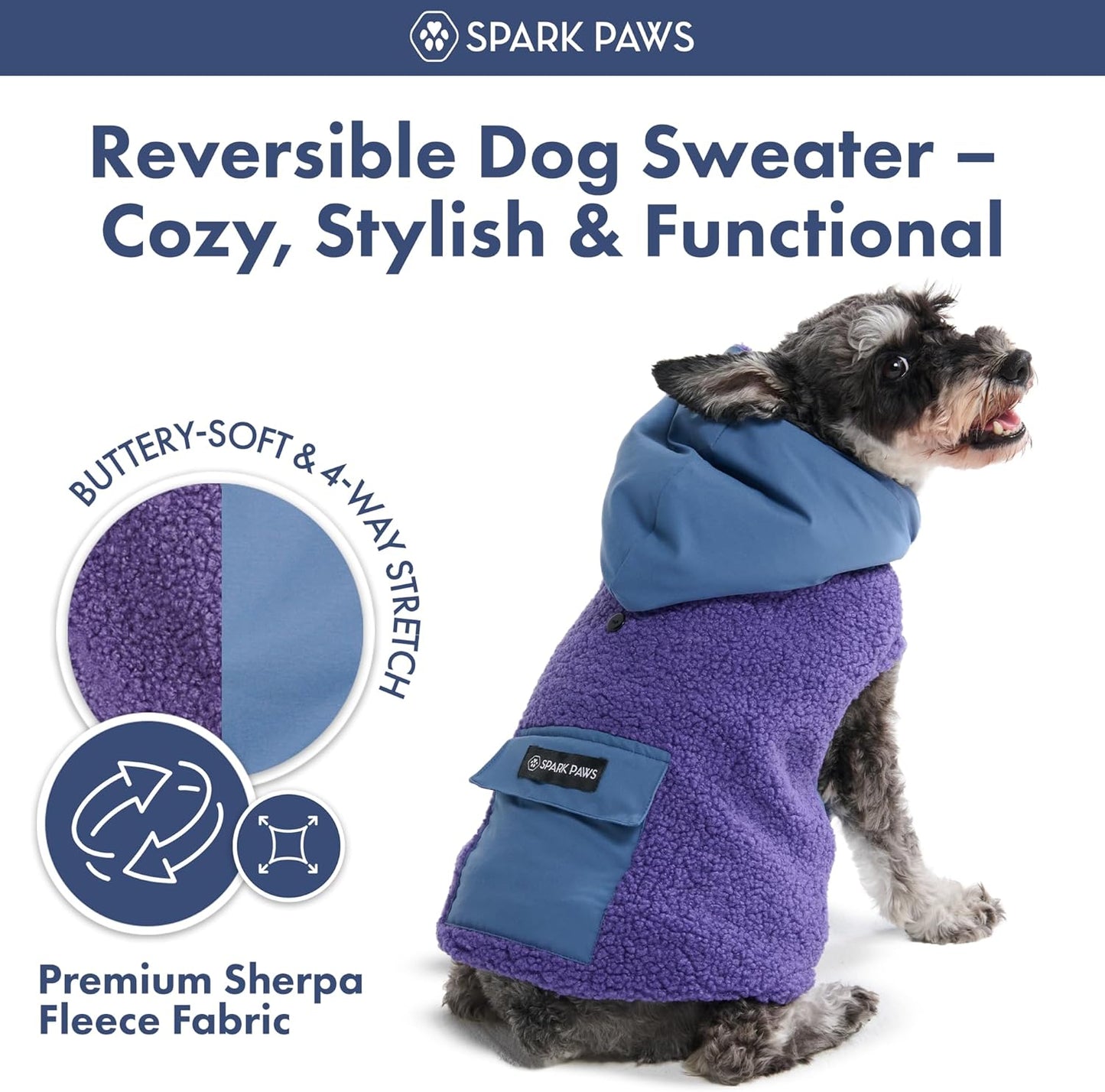 Spark Paws Reversible Dog Sweater, Sherpa Jacket Vest with Warm Fleece Lining, Warm Coat for Winter, Suitable for Small Medium, Large, XL XXL Dogs - Purple and Navy Blue - L