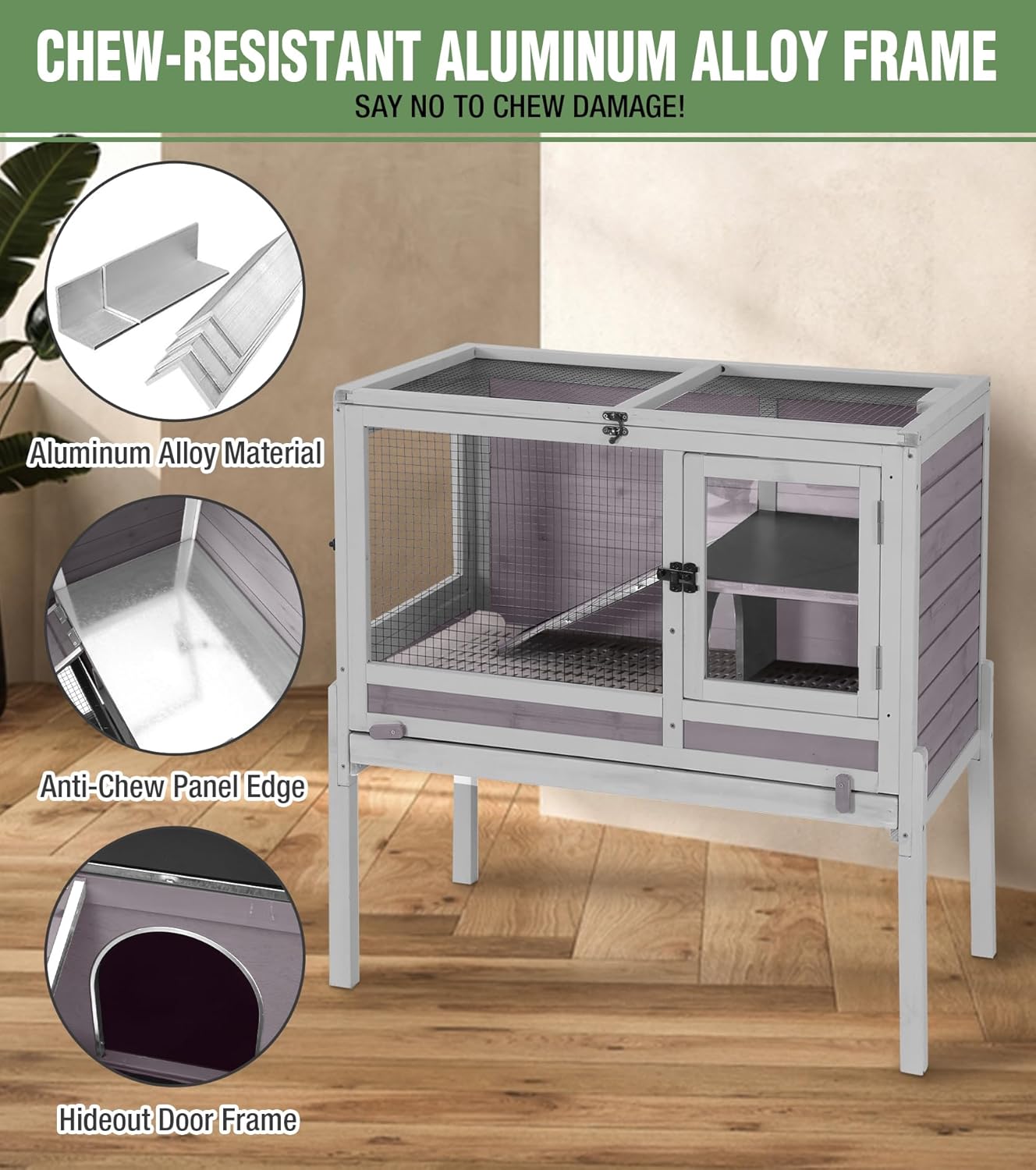 GUTINNEEN Guinea Pig Cage Rabbit Cage Indoor with Chew-Proof Edges, Clean Deep Tray, Leakproof PVC Layer, Small Animals Cage with Adjustable Legs - Grey