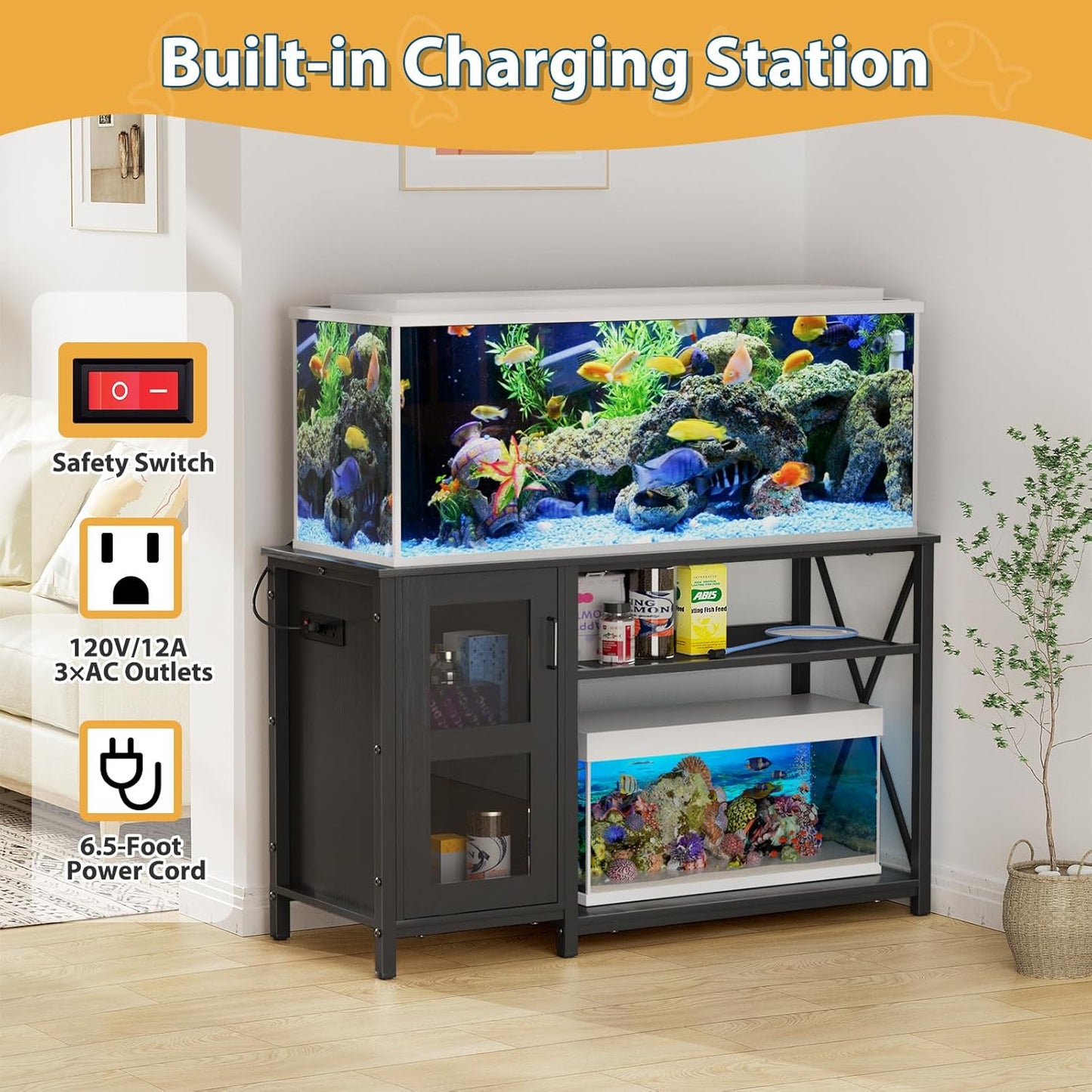 55-75 Gallon Fish Tank Stand , Aquarium Stand with Cabinet & Power Outlets for Fish Tank Accessories Storage, Heavy Duty Metal Terrarium Stand, 52" L*19" W Tabletop, 1200LBS Capacity, Black