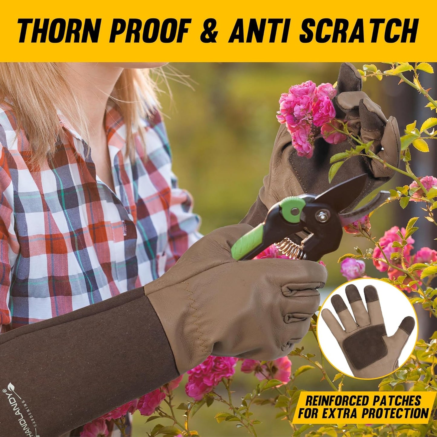 HANDLANDY Long Gardening Gloves for Men & Women, Cowhide Leather Rose Pruning Gloves- Breathable & Durable Gauntlet Glove (Medium, Brown)