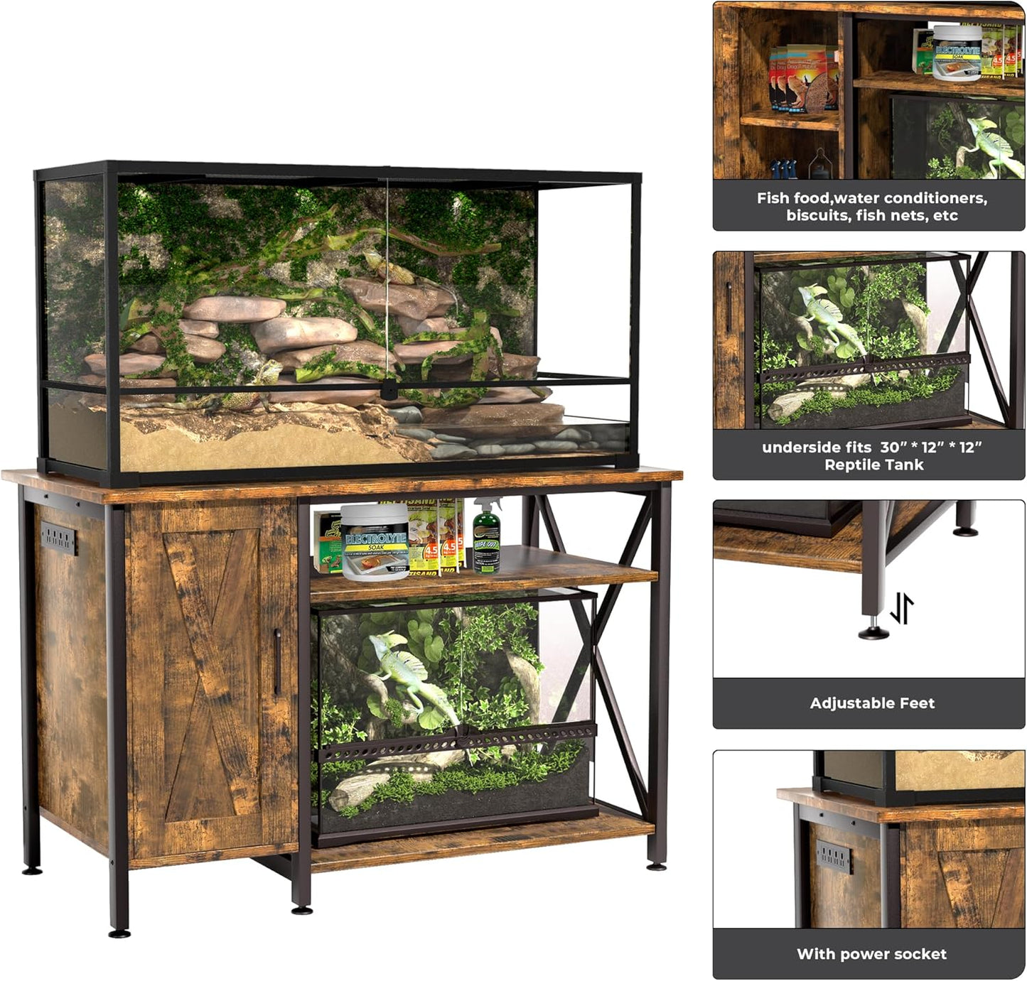 40-120 Gallon Reptile Tank Stand with Power Outlet, Terrarium Stand with Storage Cabinet, 48" X 24" Tabletop, Reptile Terrarium,Turtle Tank Rustic Brown PG08XYN
