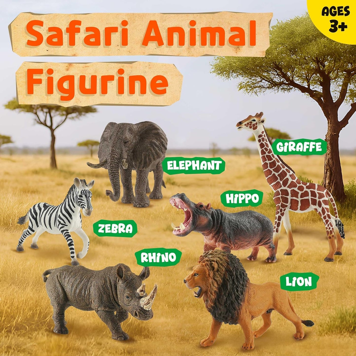6PCS Safari Animal Figure Toys for Kids 3-5 Realistic Plastic Jungle Animal Figurines African Wildlife Learning Toys for Kids Boys Girls Toddlers