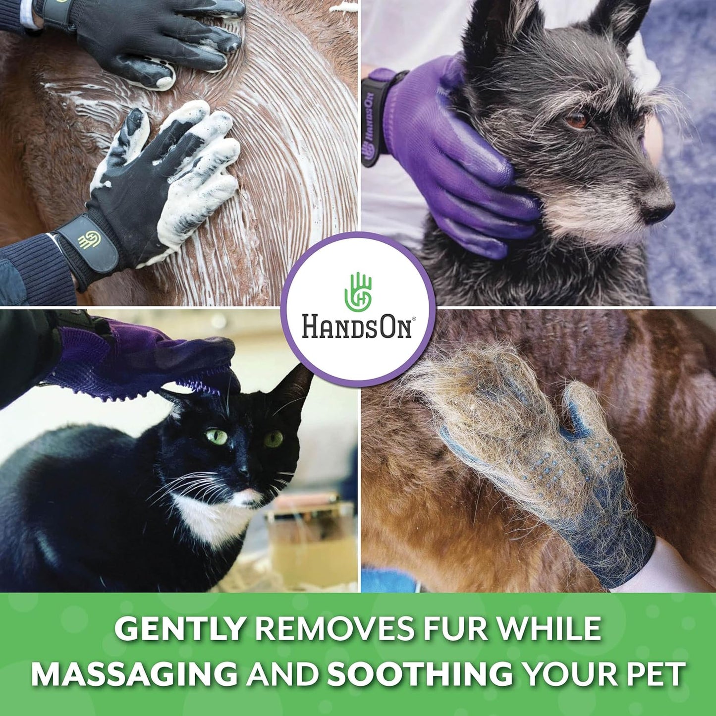 H HandsOn Pet Grooming Gloves - Patented #1 Ranked, Award Winning Shedding, Bathing, & Hair Remover Gloves - Gentle Brush for Cats, Dogs, and Horses (Black, Junior)