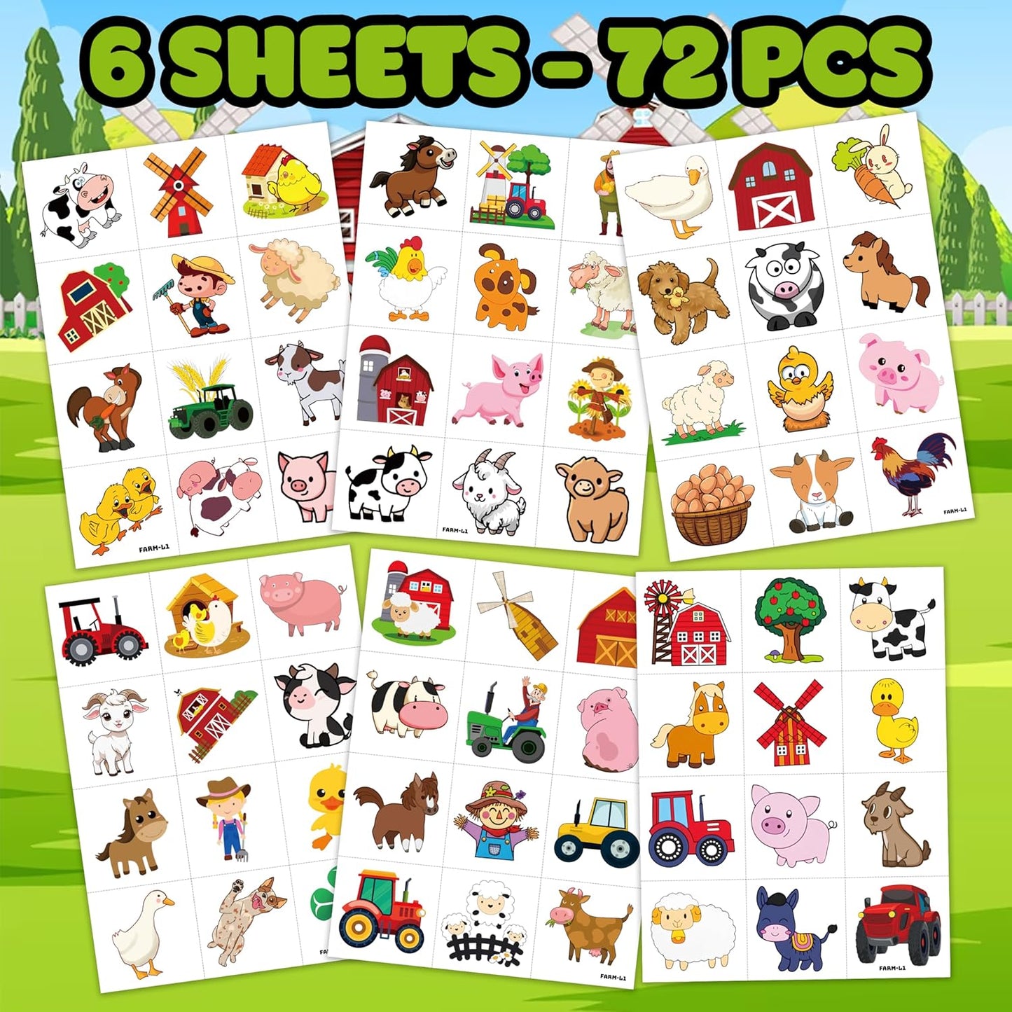 72 PCS Farm Barnyard Animal Pre-Cut Temporary Tattoos Sticker Birthday Decorations Party Supplies Favors Gift Boy Girl Farmhouse Cow Chicken Tattoo School Reward Themed (Normal)