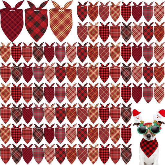 100 Pcs Christmas Dog Bandanas Bulk Xmas Red Plaid Bandanas Soft Triangle Bibs Adjustable Scarf for Small Medium Large Pets