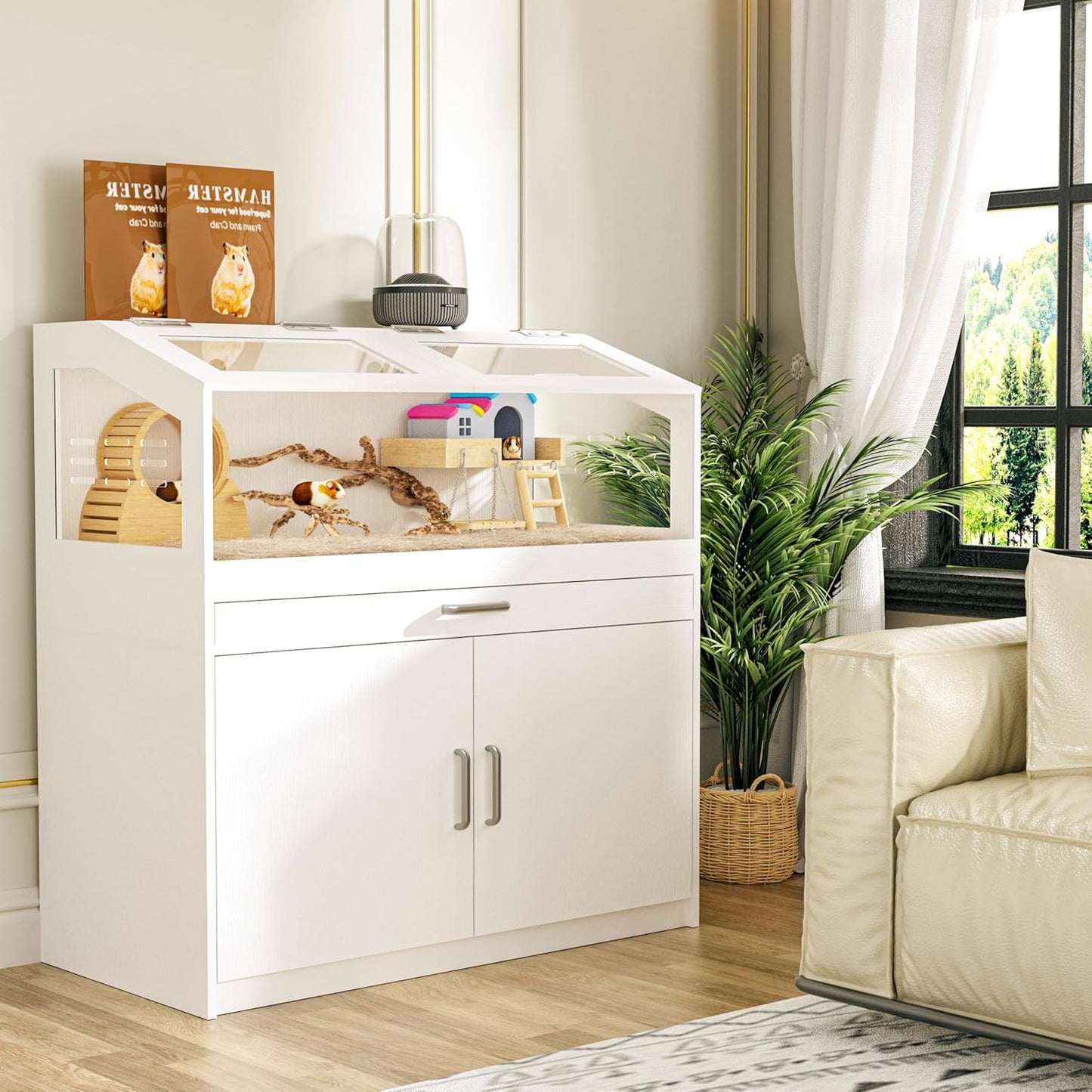 Hamster Cage with Storage Cabinet, Guinea Pig Cage for Small Animals, Large Hamster Cage and Habitat with Easy View Acrylic Panels for Hamster, Rabbit, Guinea Pig, Hedgehog (39"x19"x40")