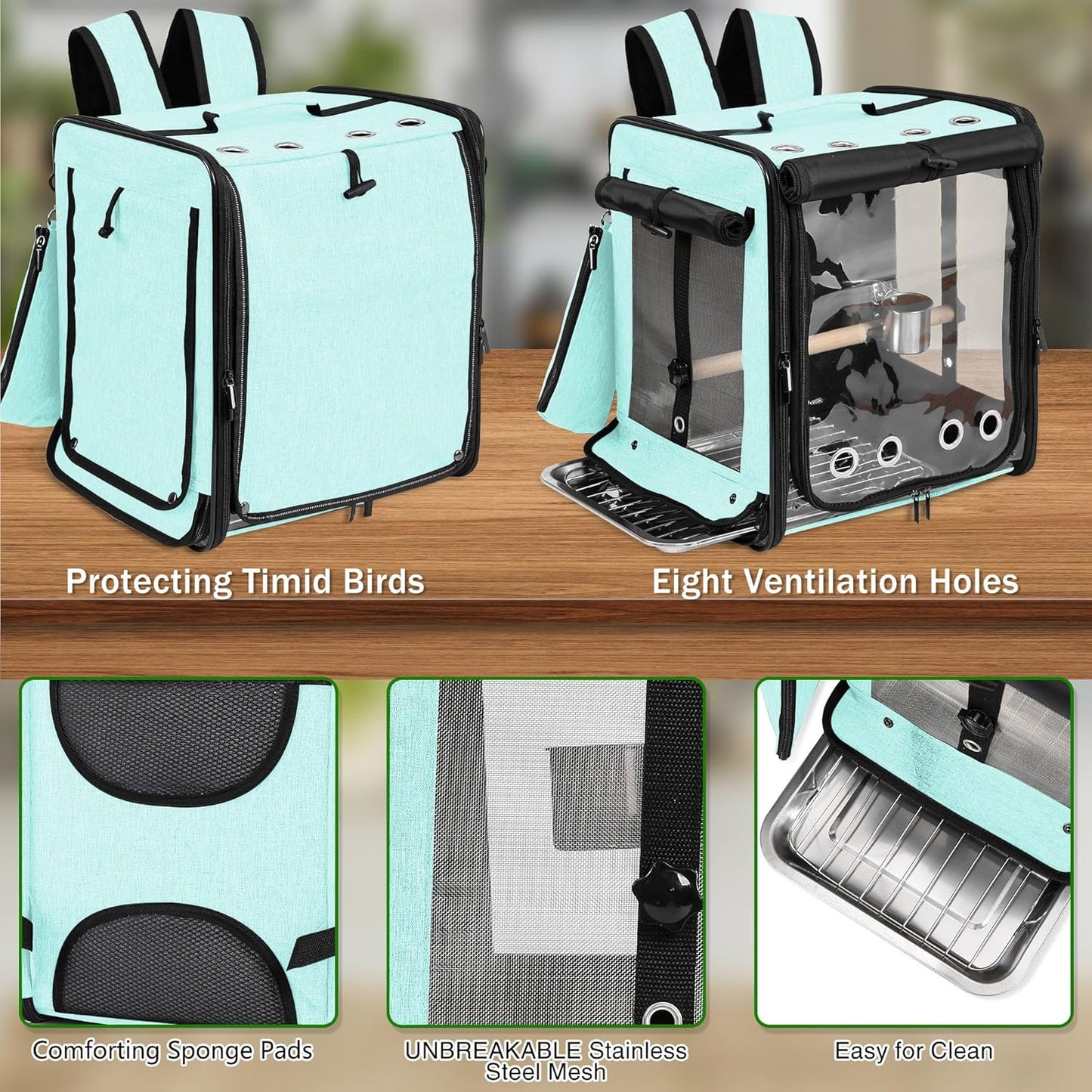 Suertree Bird Carrier with Seat Belt for Car Travel, Bird Backpack Carrier with Indestructible Stainless Steel Mesh, Large Bird Carrier Travel Cage, Green