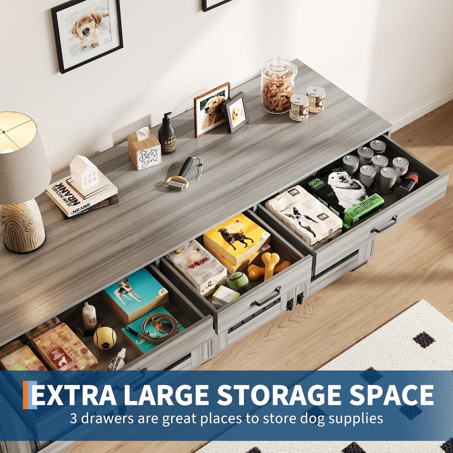 71 Inch Dog Crate Furniture for 2 Rooms, Wooden Double Crate Large Breed with Door, Dog Kennel Indoor, TV Stand End Table with Divider for Large Medium Dogs,Grey