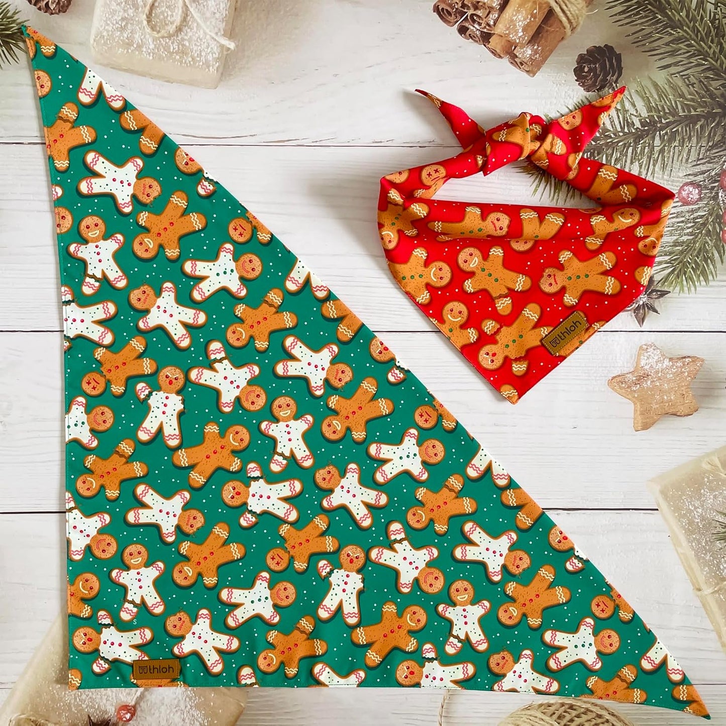 Christmas Dog Bandanas - 2 Pack Reversible Gingerbread Man Dog Scarf for Boy & Girl, Premium Durable Fabric, Festival Dog Bib, Holiday Bandana for Medium & Large Dogs (Large)