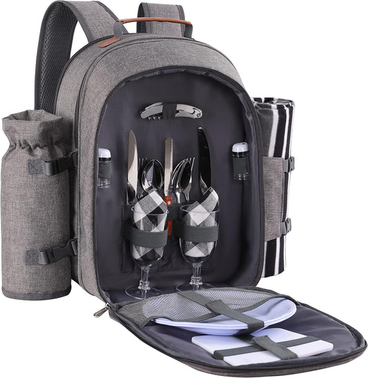 Apollo Walker Picnic Backpack Set for 2 Person with Cooler Compartment, Detachable Bottle/Wine Holder, Fleece Blanket, Plates and Cutlery Set