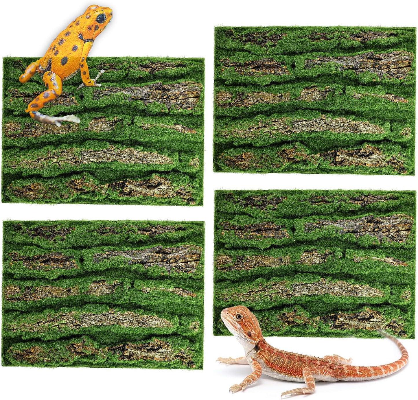 15.75x11.81in Reptile Terrarium Cork Background,Bearded Dragon Tank Bark Backdrop Wall Decor with Artificial Moss for Gecko Lizard Tortoise Frog Chameleon(4Pcs)