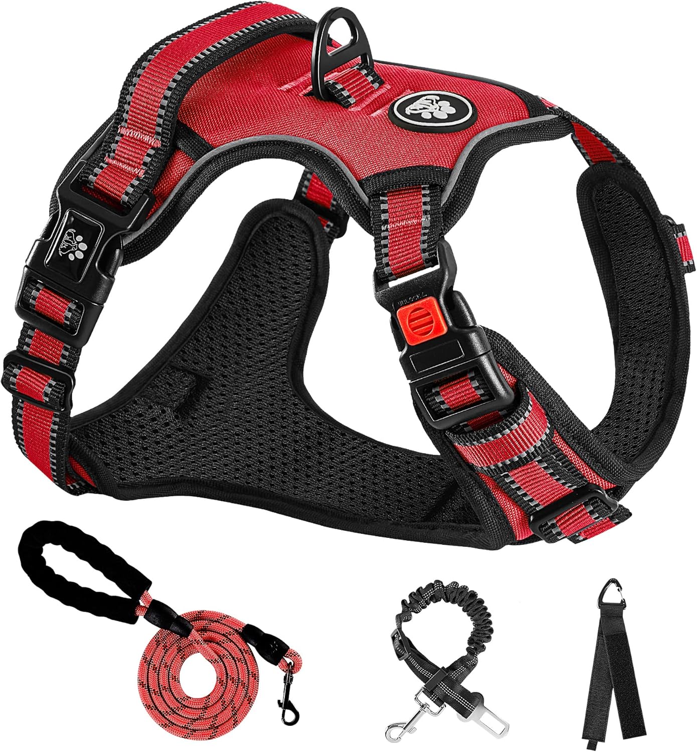 NESTROAD No Pull Dog Harness,Adjustable Oxford Dog Vest Harness with Leash,Reflective No-Choke Pet Harness with Easy Control Soft Handle for Large Dogs(Large,Red)