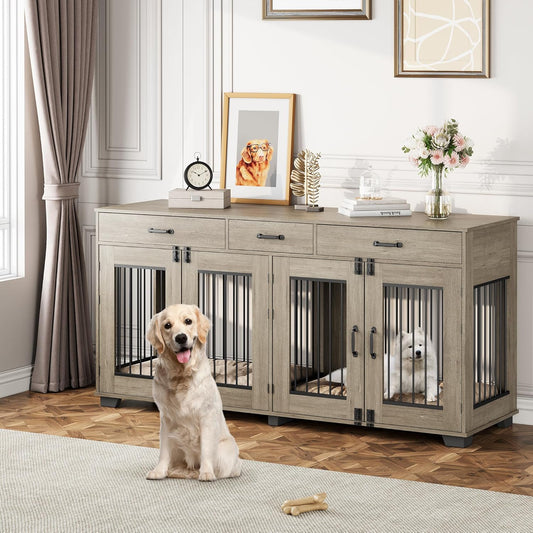 71'' Dog Crate Furniture, Wooden Indoor Dog Kennel for 2 Dogs with 3 Drawers and Removable Room Divider, XXL Double Dog Crate TV Stand End Table with Double Doors for Large Medium Dogs, Grey