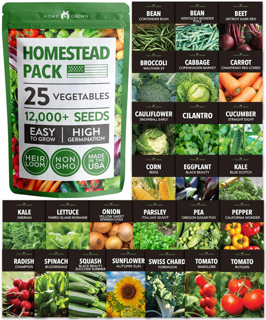 HOME GROWN 𝗨𝗦𝗔 𝗣𝗥𝗘𝗠𝗜𝗨𝗠 25 Heirloom Vegetable Seeds 12,000+ 𝗡𝗢𝗡-𝗚𝗠𝗢 Survival Garden Seeds Kit, High Germination Tomatoes Carrots Beans Kale Peppers, Giftable Indoor Outdoor Planting Set