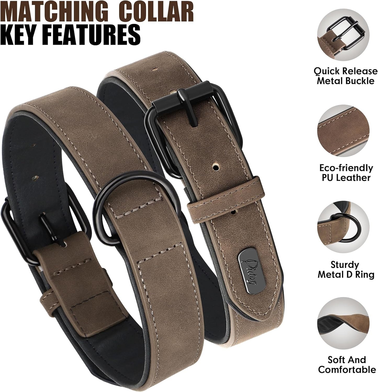 Didog Soft Padded Leather Dog Collar and Leash Set, Adjustable Dog Leash and Collar Set with Metal Buckle, Breathable Dog Collars with 4FT Leather Dog Leash for Small Medium Large Dogs, Brown, M