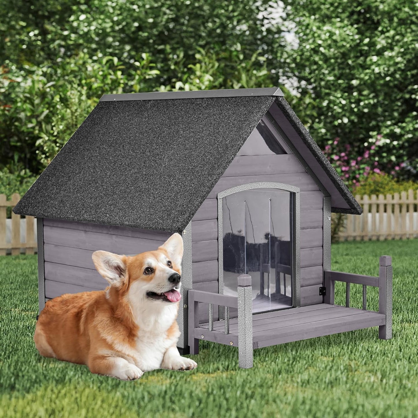 GUTINNEEN Dog House Outdoor Weatherproof with Porch, Puppy Shelter Indoor with Anti-Bite Design, PVC Curtain, Asphalt Roof, Elevated Waterproof Base, for Small to Medium Dogs - Grey