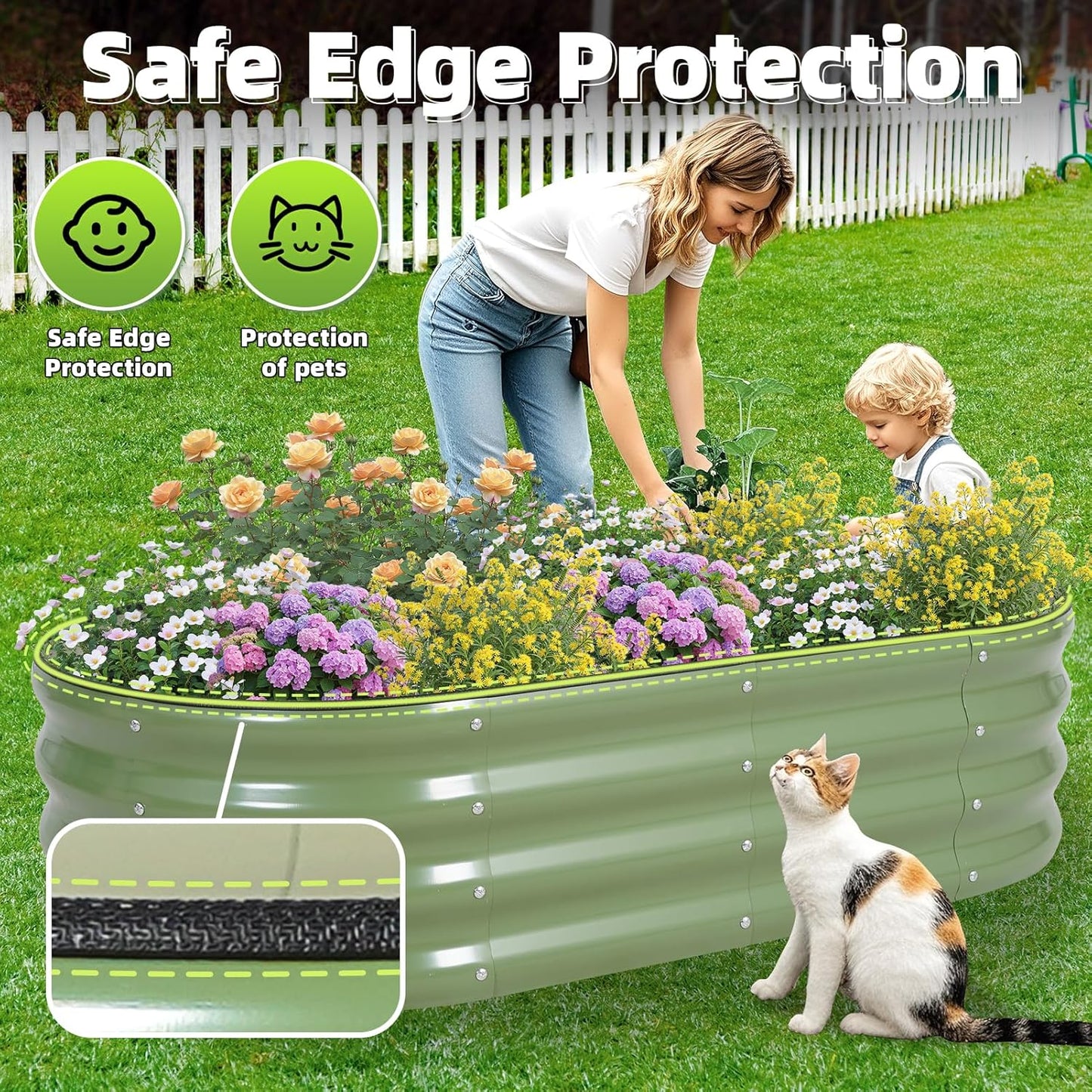 G GOOD GAIN Galvanized Metal Raised Garden Bed Kit - 4x2x1FT Outdoor Planter Box with Safety Edging and Gloves for Vegetables, Fruits, Flowers(Oliver Green, 2PC)