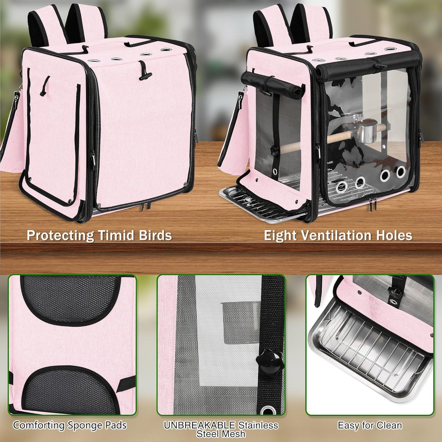 Suertree Bird Carrier with Seat Belt for Car Travel, Bird Backpack Carrier with Indestructible Stainless Steel Mesh, Large Bird Carrier Travel Cage, Pink