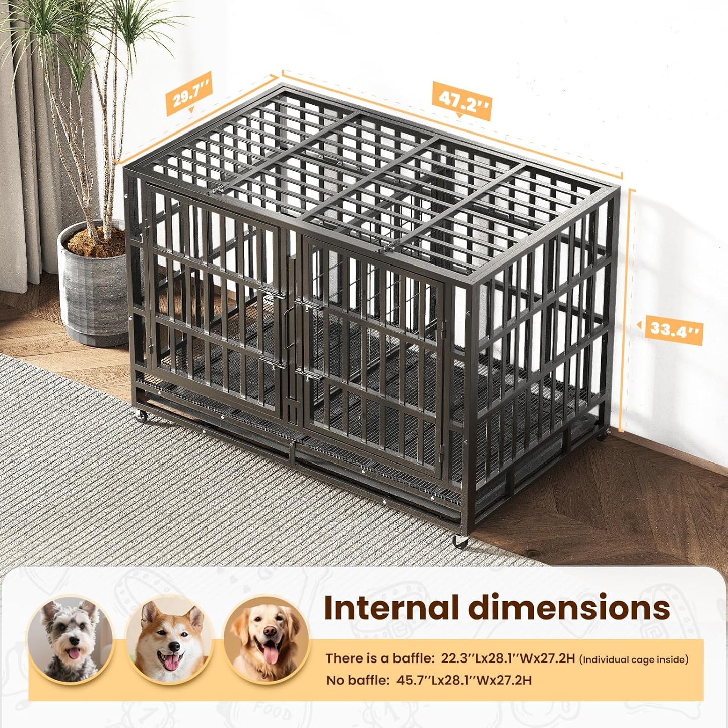 48 Inch Heavy Duty Indestructible Double Dog Crate Steel Escape Proof,Indoor Three Doors Cage,Kennel with Wheels,Removable Tray and Baffle
